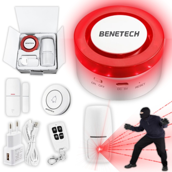 Set alarma WiFi Benetech PA-110, siren 120dB, senzor miscare, senzor deschidere usi, control de la distanta
