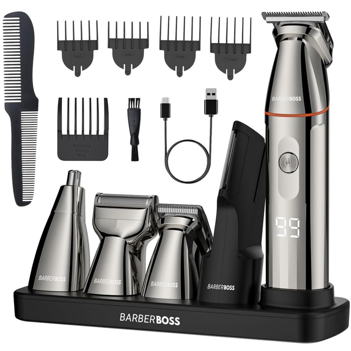 Set de ingrijire BarberBoss 5 in 1 QR-6010, tuns, trimmer pentru nas, urechi si corp, 4 piepteni, incarcare USB