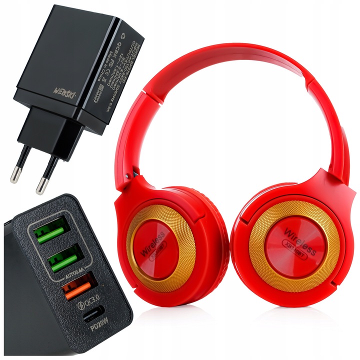 Webski vezeték nélküli fejhallgató szett mikrofonnal, microSD olvasóval, 36W gyorstöltővel, piros