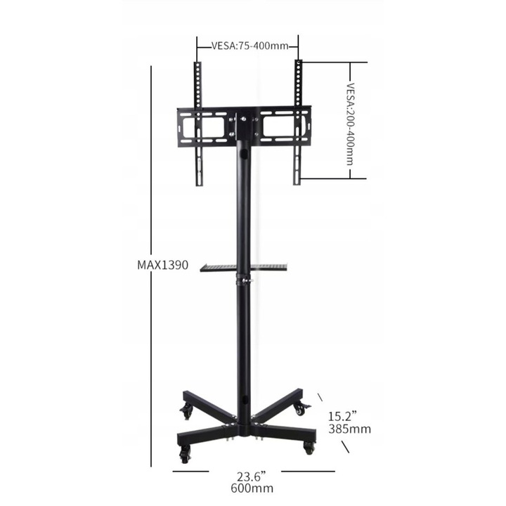 Мобилна стойка за телевизор, Kopier, 26-65 инча, 35 кг, черна, с 360° колела