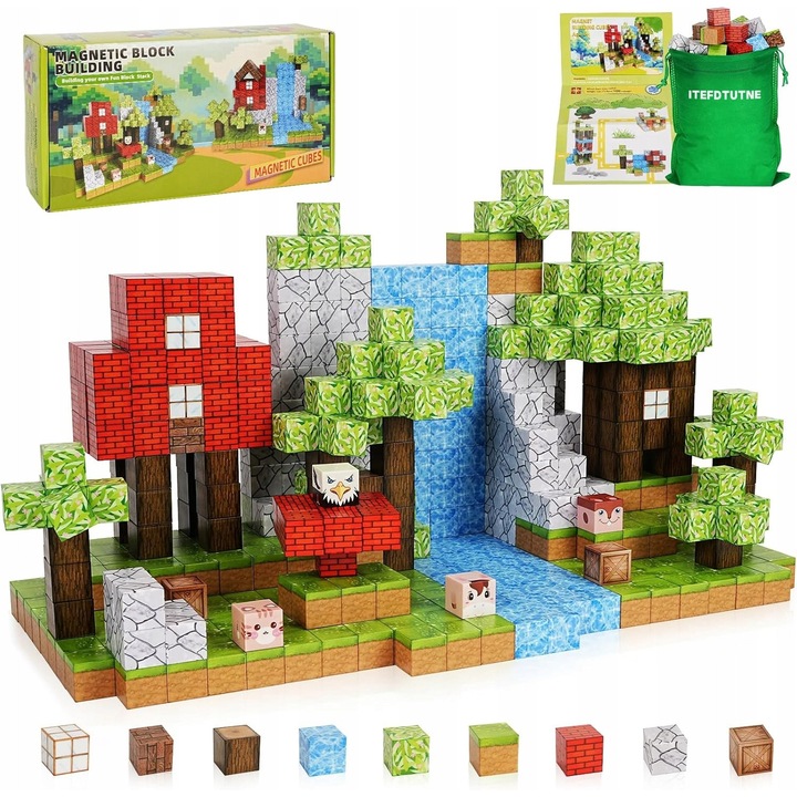 Set de constructie cu 100 de blocuri magnetice, culori diverse, 2 cm