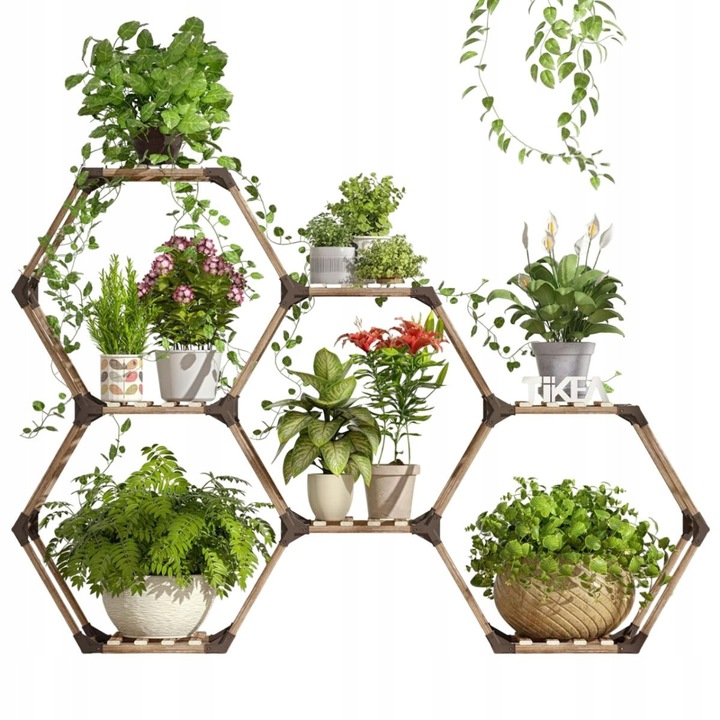 Suport modular pentru flori din lemn, hexagonal, capacitate mare