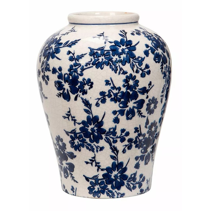 Vaza ceramica Artpol, 22cm, alb cu flori albastre, stil vintage