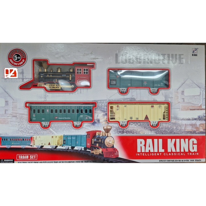 Set trenulete de jucarie cu locomotiva si 3 vagoane, dimensiuni 148cm x 68cm, multicolor