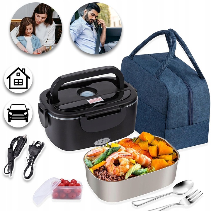 Cutie alimentara electrica, 1.5L, 60W, neagra, cu suport pentru pranz, set cu tacamuri din otel inoxidabil