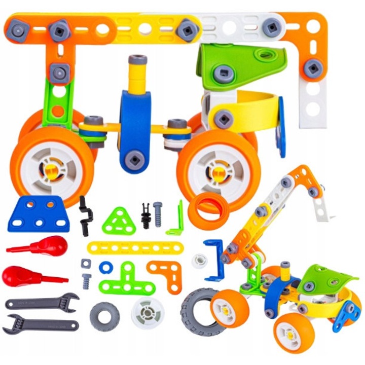 Set de constructie 167 piese, vehicule de constructie, avion, robot, dimensiuni 27x14x25cm, 40x30x9cm