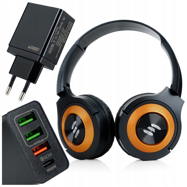 Webski vezeték nélküli fejhallgató szett mikrofonnal, microSD olvasóval, 36W gyors töltővel, fekete