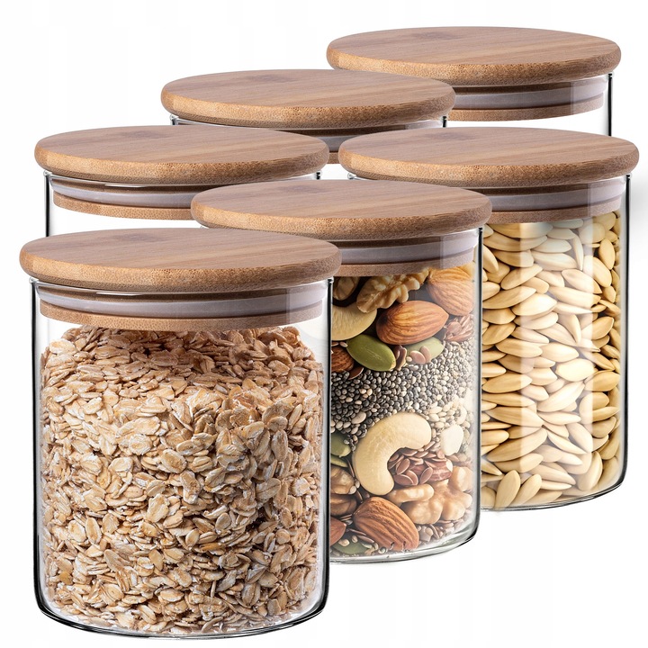 Set de borcane din sticla cu capac din bambus, 800ml, 6 bucati, transparent, 10x10x11,5cm, KADAX