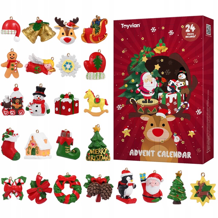 Advent calendar cu 24 accesorii, tema de Craciun, 3,5x3,5x3cm