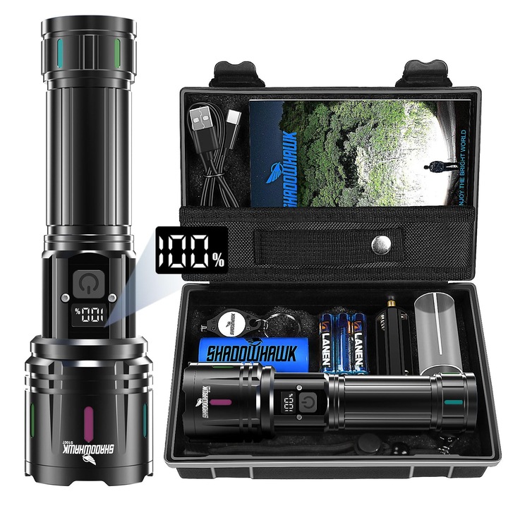 Lanterna tactica Shadowhawk S1007, 30000 lumeni, incarcare USB, impermeabila IP67, set complet