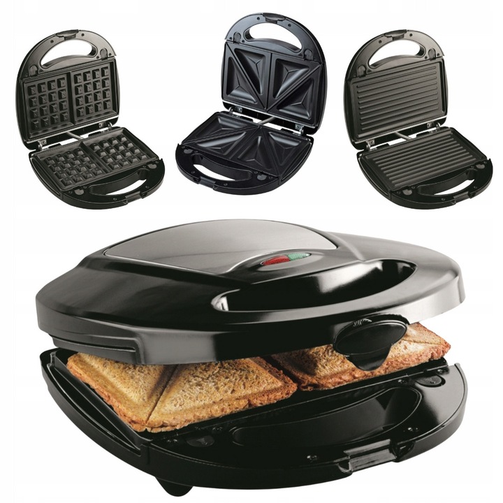 Gratar electric StarQ 3 in 1, negru, 810 W, cu placi pentru sandvisuri, gofre si gratar