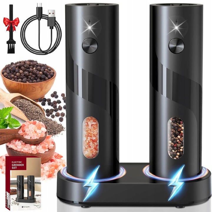 Rasnita electrica pentru sare si piper, set cu baza de incarcare, reglaj