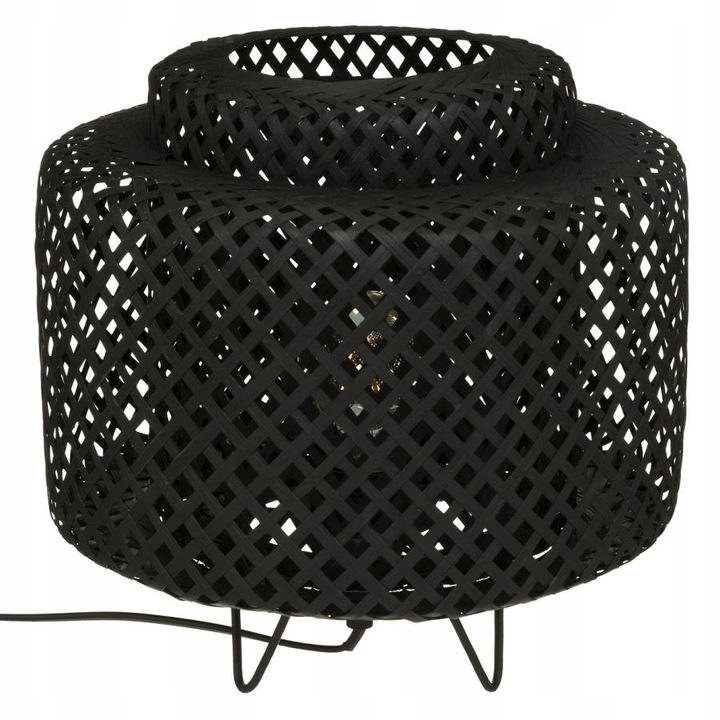 Lampa de masa bambus neagra Boho, 27x25cm, cu abajur din plasa