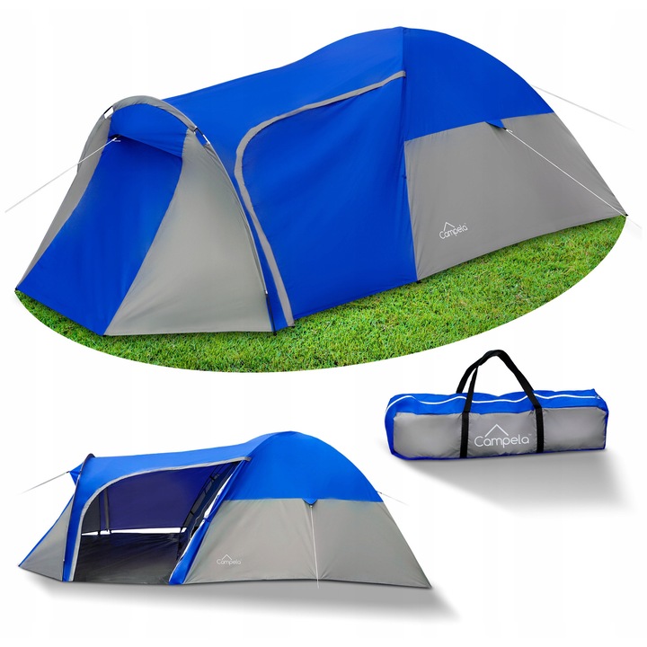 Cort camping TROPICAL 3, 3 persoane, 345x185x125cm, impermeabil, albastru-gri