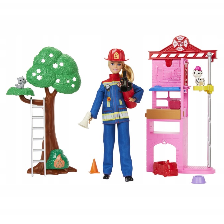 Set Barbie Pompier, 2 figurine animale, 10 accesorii, multicolor, 3 ani+
