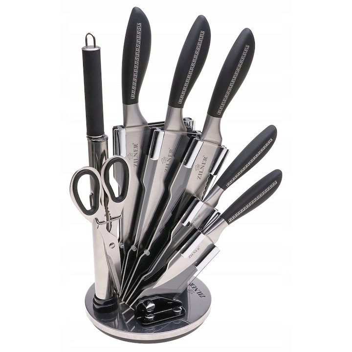 Set de cutite de bucatarie cu suport rotativ, 5 piese, inox, ergonomic