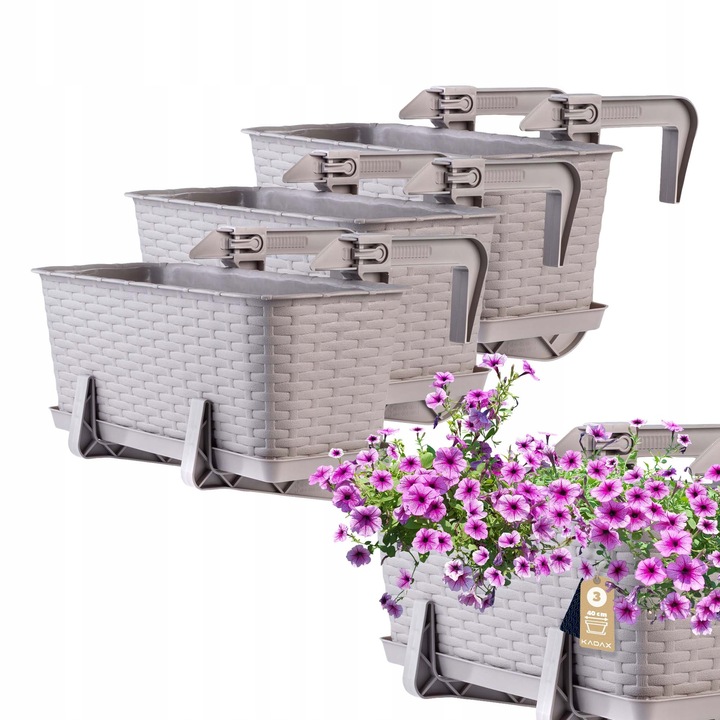 Set 3 ghivece pentru balcon, Kadax 40x17x15cm, caramel, cu suporturi si usite