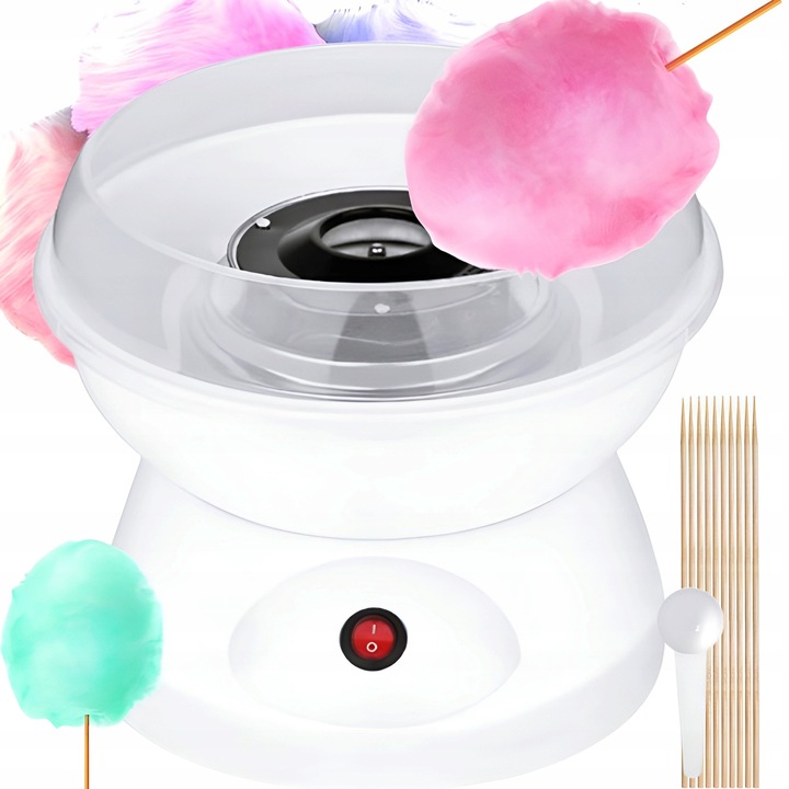 Masina de facut vata de zahar, 500W, alb, 27x25x15cm, set cu 10 betisoare