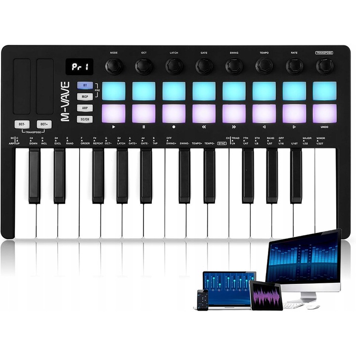 Claviatura MIDI M-VAVE SMCK-25 II, 25 claviaturi, 16 pad-uri iluminate, 8 butoane, negru, 32.10x17.80x4.60cm