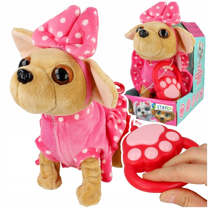 Interaktív kutya kiegészítőkkel, Stator, rózsaszín, 22x12x22cm, nyakörvvel és sapkával