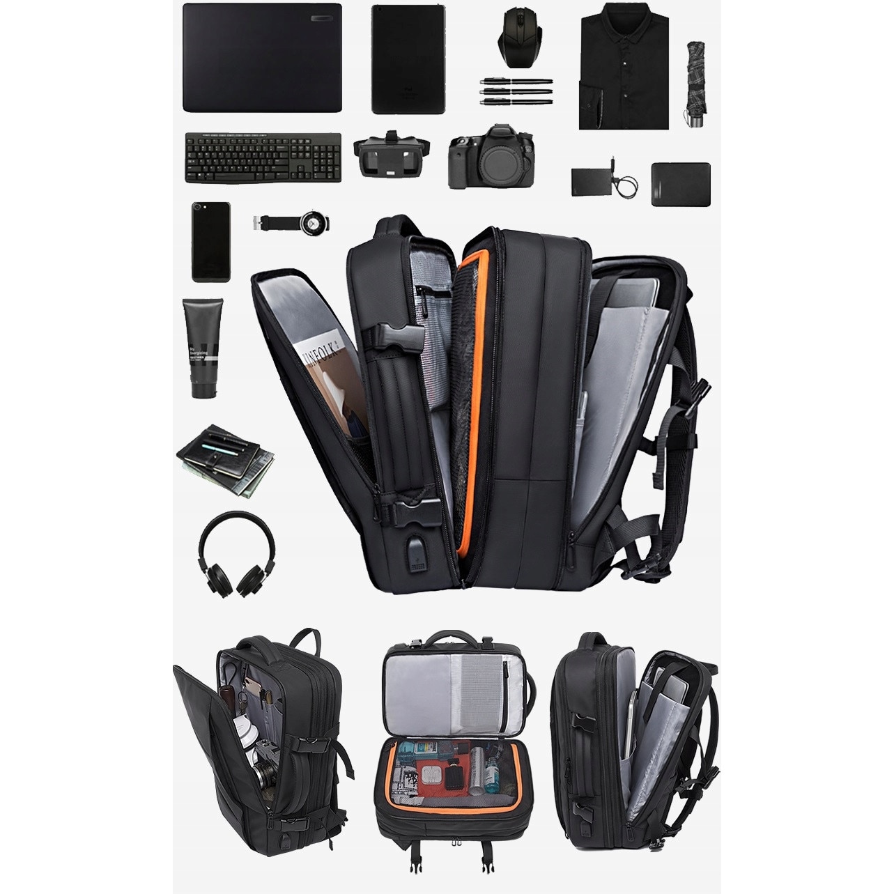 Rucsac turistic Bange, extins, waterproof, 17.3", negru, 55x38x29cm