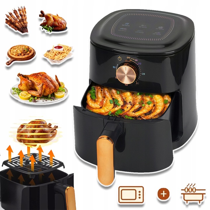 Forrólevegős sütő, 5,5L, 700W, fekete, könnyen tisztítható