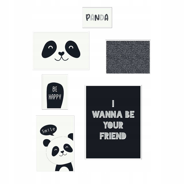 Set rame pentru poze cu postere, La Factory, 6 rame, diverse dimensiuni, motiv panda, 10x15cm, 13x18cm, 20x30cm, 18x24cm, 30x40cm, negru