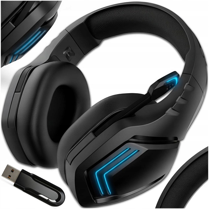 Casti gaming wireless cu microfon, MEMFLOW, 2.4G + Bluetooth, RGB, negru, 20x19cm