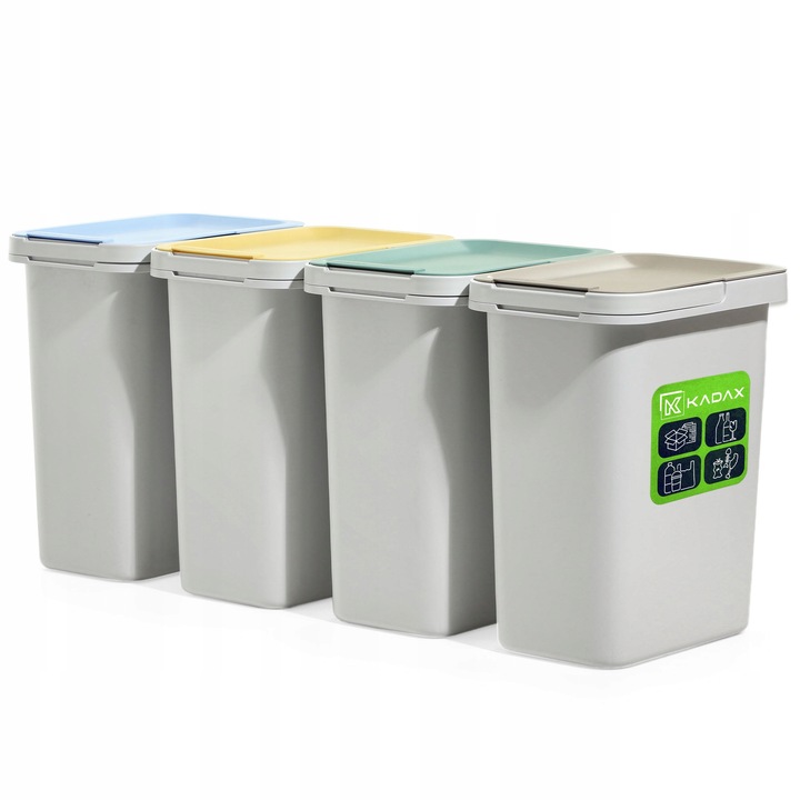 Set 4 cosuri de gunoi Kadax, 12L, alb cu capace colorate (galben, albastru, verde, maro), 29,3x19,2x34,5cm