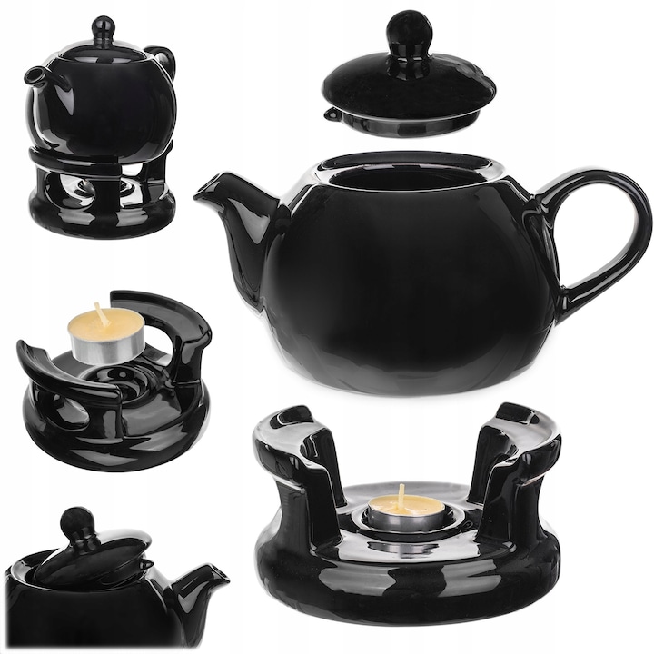 Ceainic cu suport pentru incalzire Kadax, ceramica, 1L, negru, set cu lumanare tealight