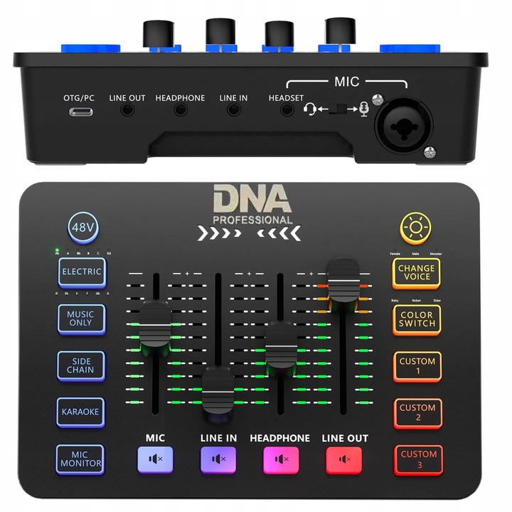 Аналогов аудио миксер DNA SC ONE, 2-канален аудио пулт, USB-C, фантомно захранване +48V, ефект за промяна на гласа и персонализирани ефекти, RGB, черен, 1 бр