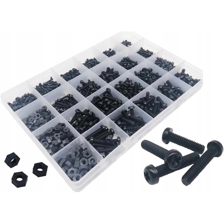 Set 1160 suruburi si piulite din nylon, M2, M2.5, M3, M4, negru, ambalaj cu compartimente