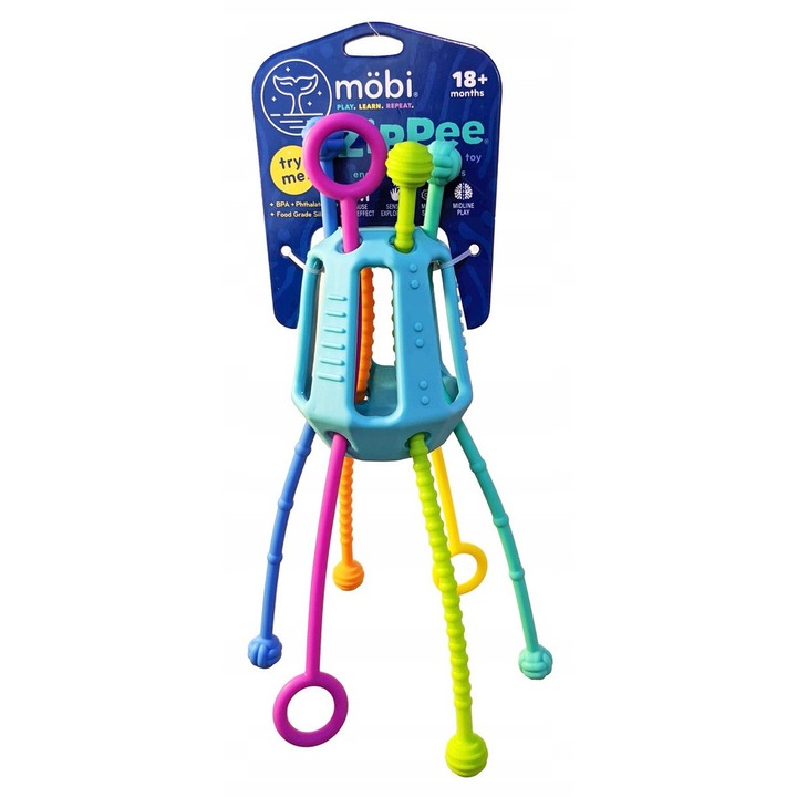 Interaktív Zippee játék, Mobi, 6 színes szilikon zsinór, szenzoros stimuláció, 18 hónap+