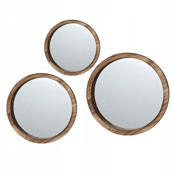 3 db kerek tükör készlet, Boltze, fakeret, átmérők: 24cm, 29,5cm, 34,5cm