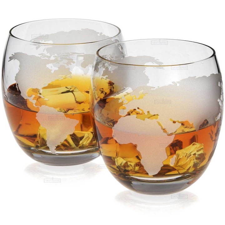 Pahare whisky Szklo-Krosno GLOBUS, 300ml, set 2 bucati, fara culoare, cu gravura pe sticla