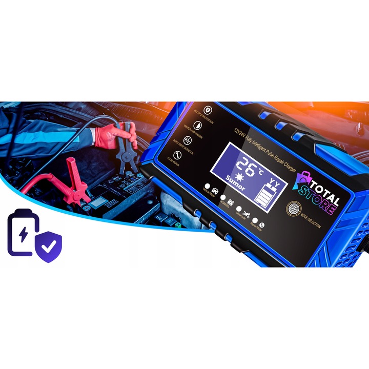 Autós töltő totalstore PRO, 12V/24V, 8A/4A, javító funkcióval, kék-fekete, 170x98x59mm