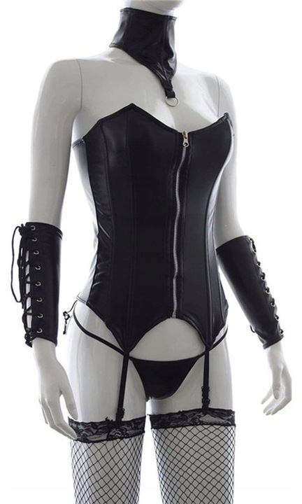 Szexi fehérnemű szett, STIMEX, fűző, kesztyű, tanga, fekete, műbőr, S-M INTL