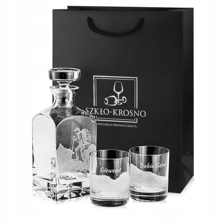 Set exclusiv pentru whisky "POLSKIE GORY": 6 pahare 300ml + carafa 750ml, sticla de inalta calitate, gravura montana, toata in geanta de cadou