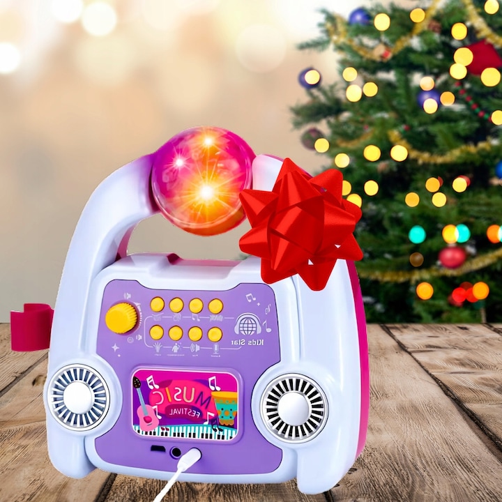 Gyermek karaoke szett, MEMFLOW, mikrofonnal, állítható állvánnyal, fényeffektusokkal, rózsaszín, 48x30x11cm