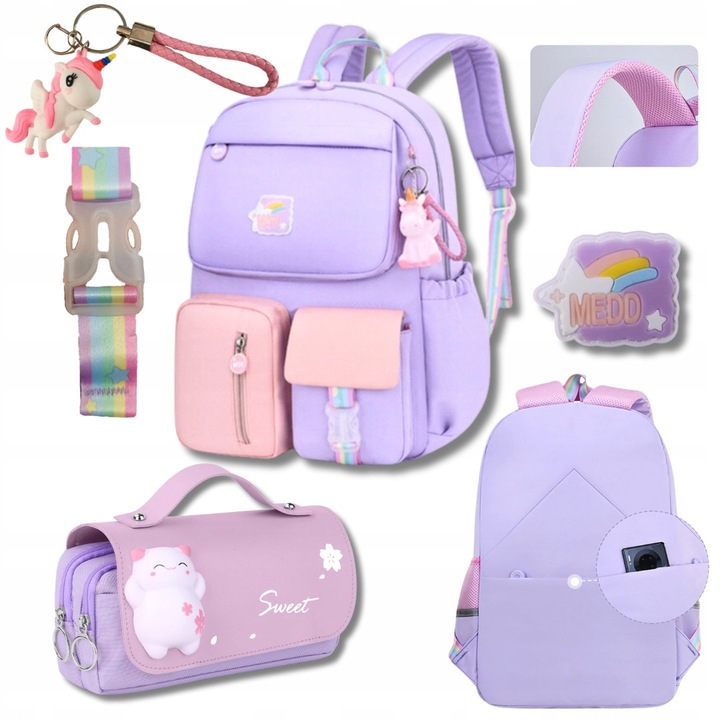 Set ghiozdan scolar K&M fiolet, 42x31x13cm, cu pachet de creioane si breloc unicorn