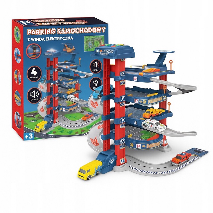 Многоетажен гараж за автомобили с електрически асансьор, комплект с 2 коли и хеликоптер, 60x32x67cm, 78x58cm