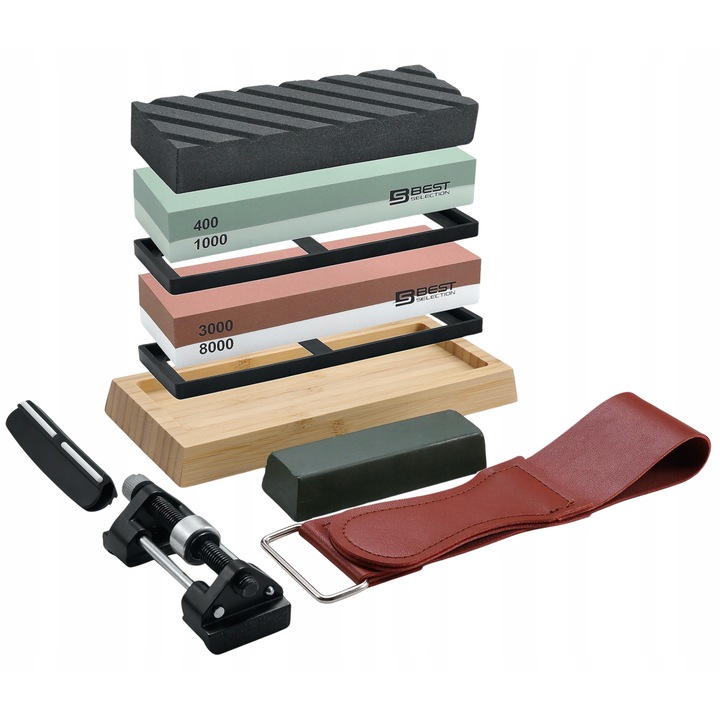 Set Ascutitoare cu piatra pentru cutite, 400/1000/3000/8000, bambus, 21x9.2x2.1cm, 18x6x3cm