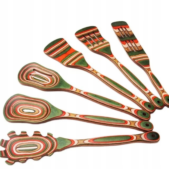 Set ustensile de bucatarie, 6 linguri din lemn, multicolor, dimensiuni variate