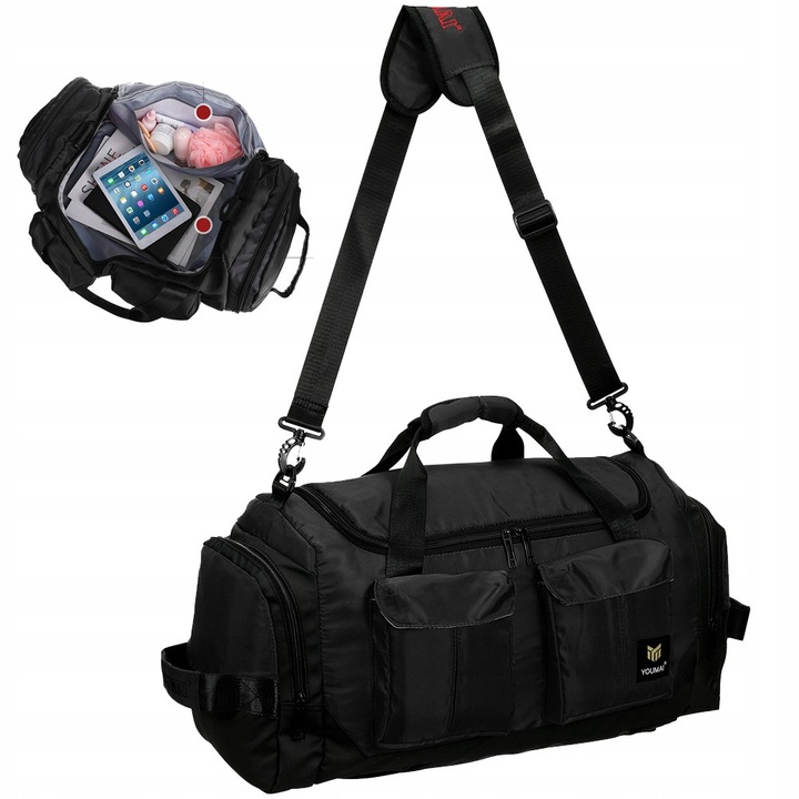 Geanta sportiva premium pentru sala, 30 litri, neagra, 55x25x23 cm