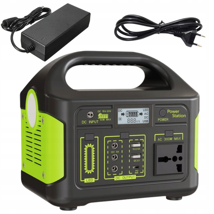 Hordozható töltőállomás DNA POWER B300, 300W, 256Wh, 20000mAh, fekete-zöld, 21,1x16x19,6cm