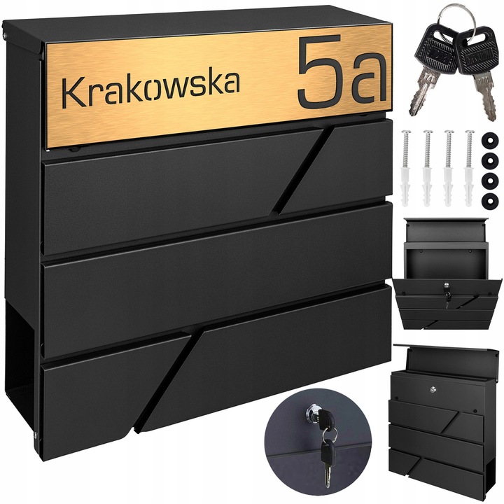 Cutie postala personalizata MTEC, neagra RAL9005, cu tabla aurie, dimensiuni 37x37x10,5cm, set complet de montaj