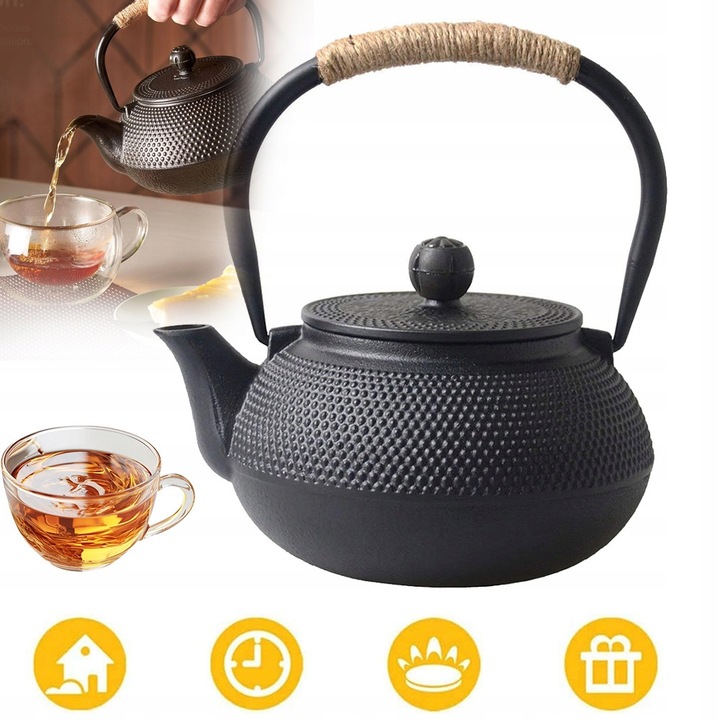 Ceainic din fonta, 800ml, negru, 16,5x17,5cm, set cu 2 cesti