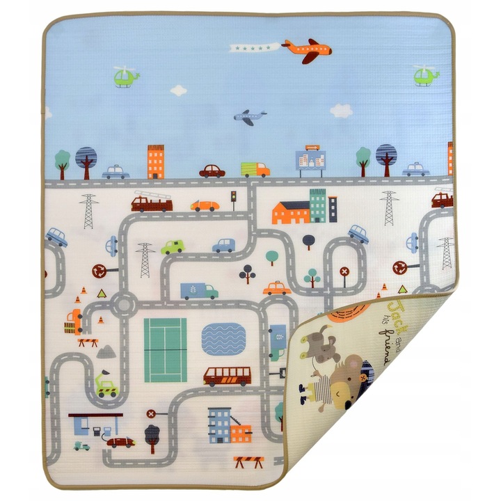 Covor educational din spuma EPE, 180x200cm, design oras/animale, pentru copii, set cu husa de transport
