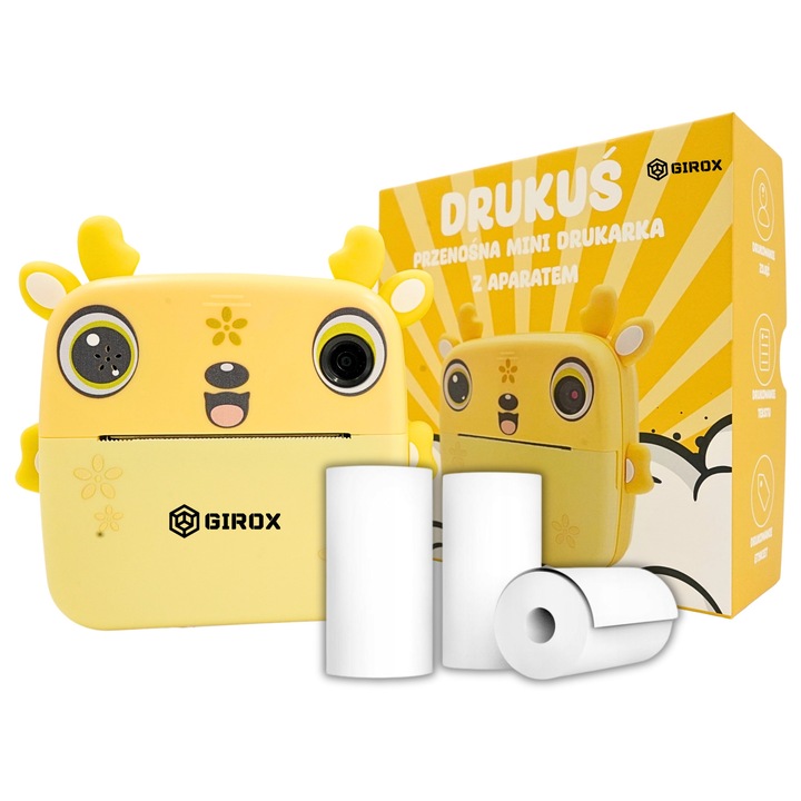Imprimanta termica set Drukus 2.0, aparat foto, 3 role, galben, 11x11x4.5cm