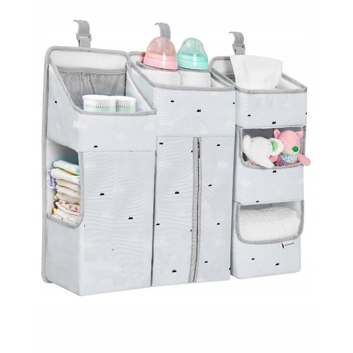 Organizator 3 in 1 pentru patut, K&M, gri, cu multiple compartimente, dimensiuni variabile
